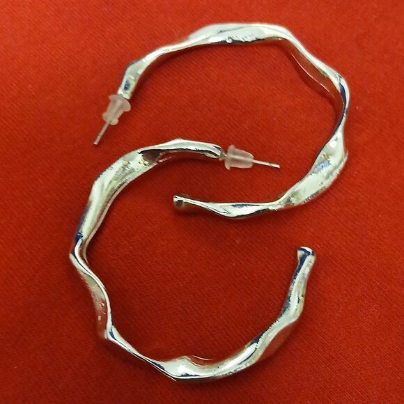Silvertone Earrings Set with Large Swirl and Small Hoops With Hearts Pierced - Picture 3 of 8